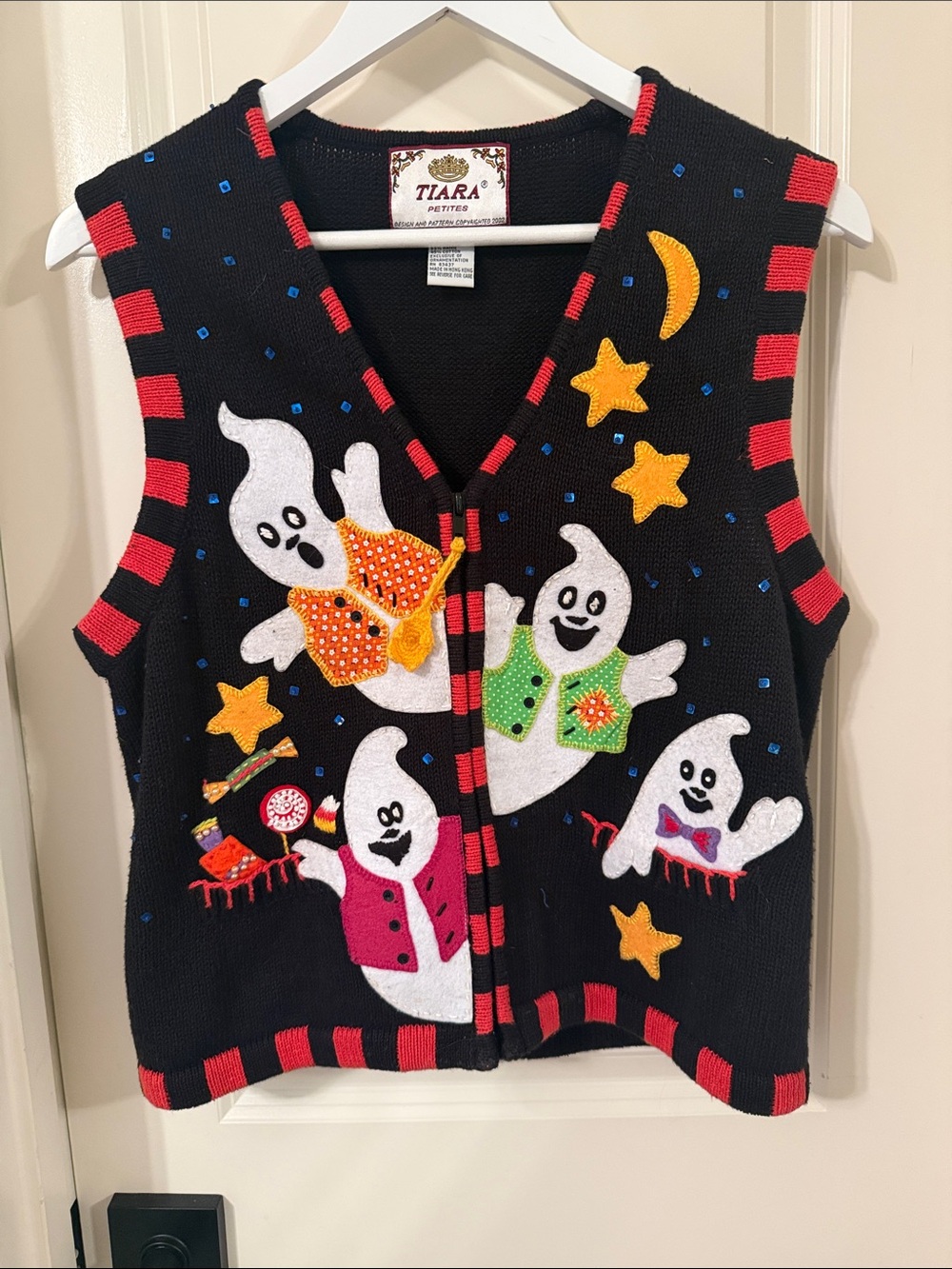Fun Halloween Tiara Black Zip Vest with Red Trim and Multicolor Ghost Appliqués